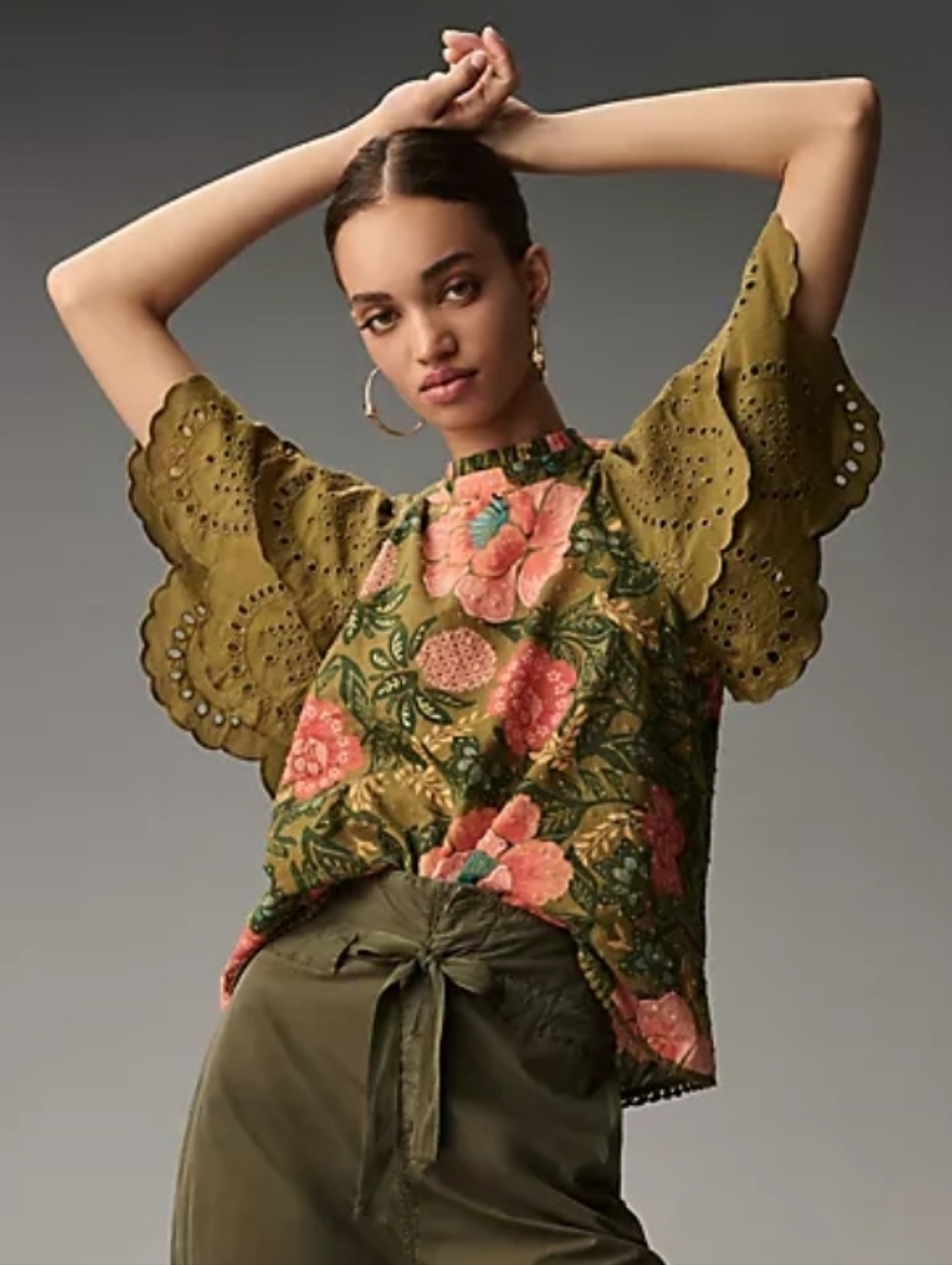 FARM Rio Olive Floral Eyelet Flutter-Sleeve Blouse with Coral Accents
